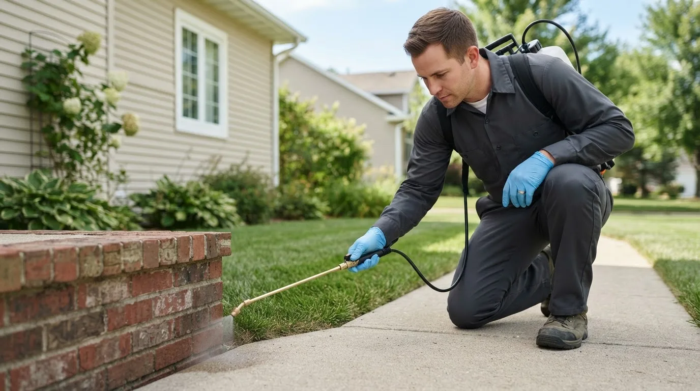 Pest control technician treating a home near Rushville, OH