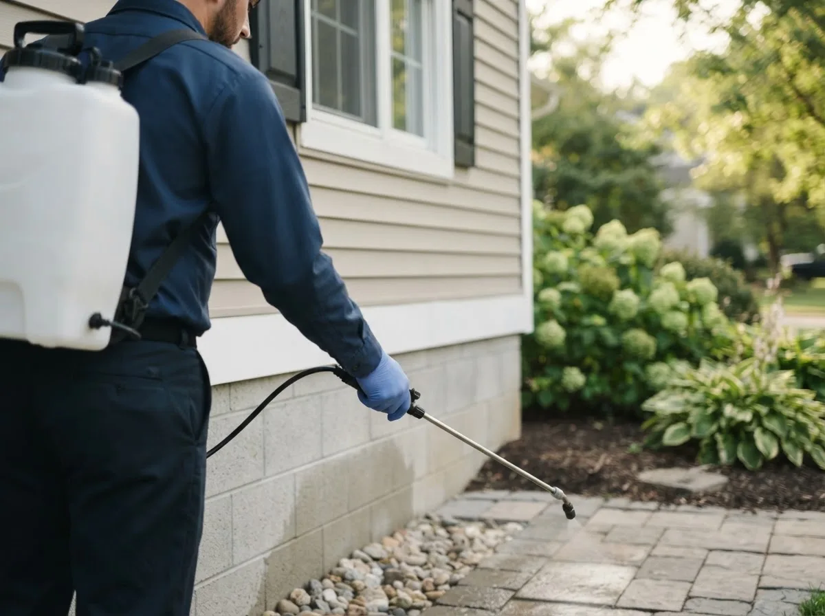 Pest control technician inspecting a home in Rushville, OH